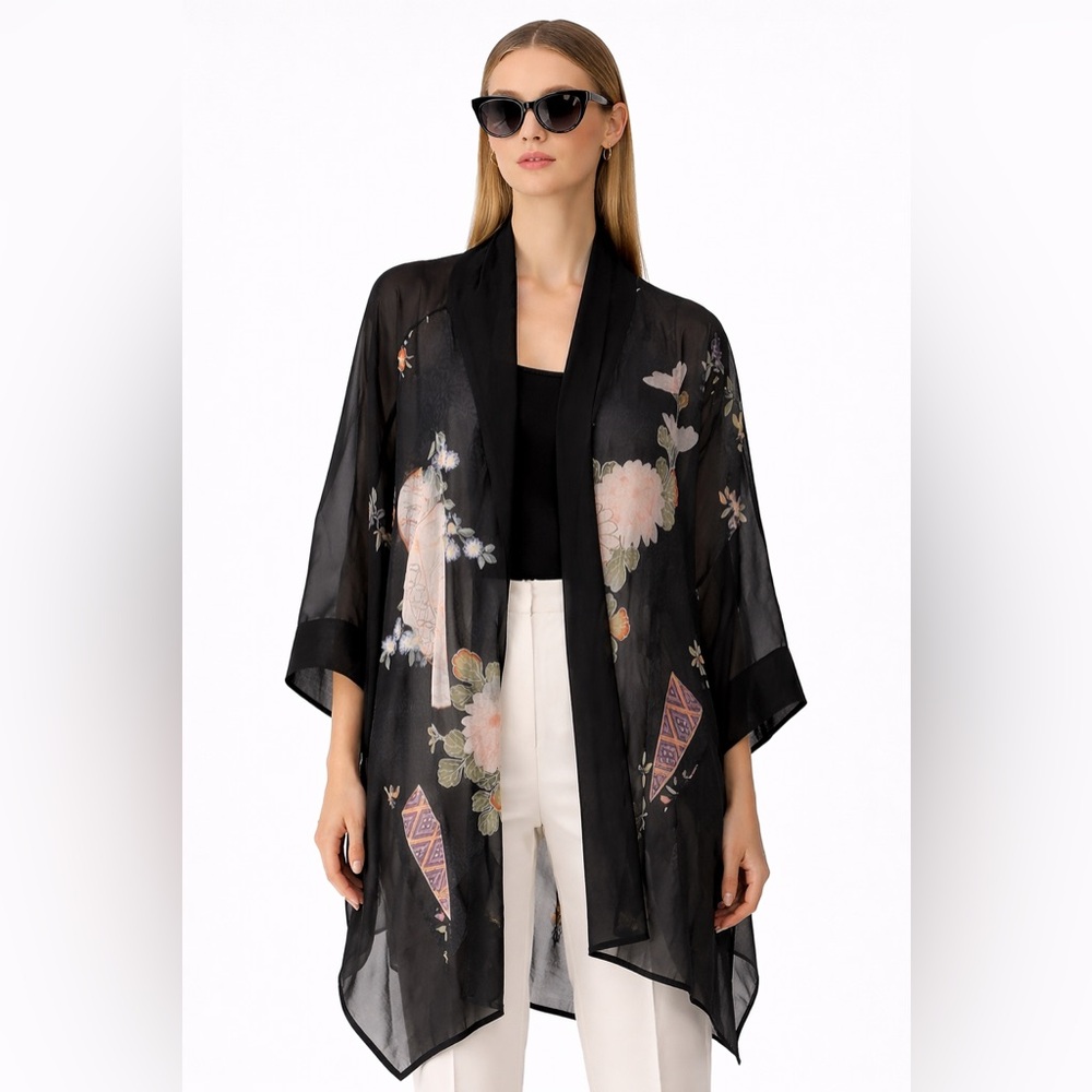silk Floral Black Kimono Cardigan - Picture 1 of 7